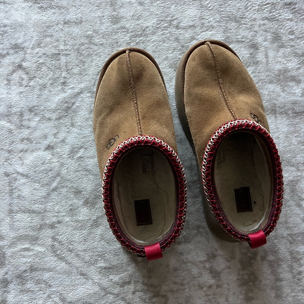 UGG Tan Suede Slip-Ons with Red Accents